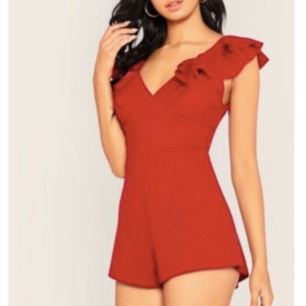 Ruffle Trim Mini Romper Women's Red Backless Rompe